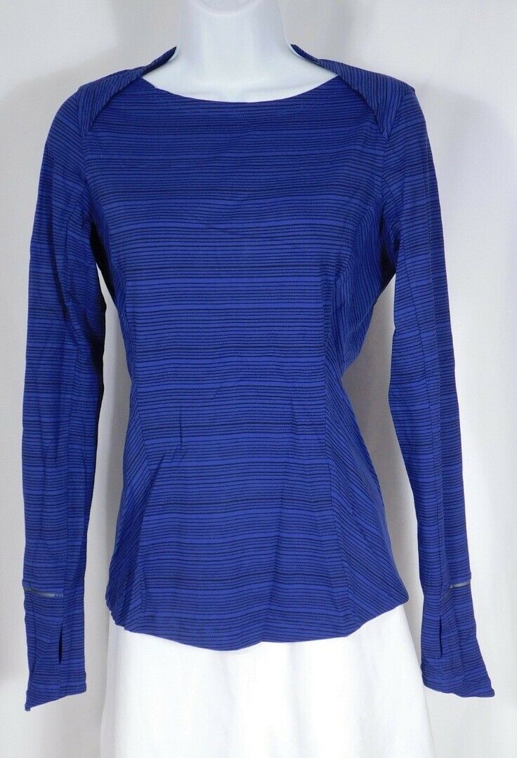 LULULEMON Women's Royal Blue & Black Striped Pull On Top Sz 6 - Image 4