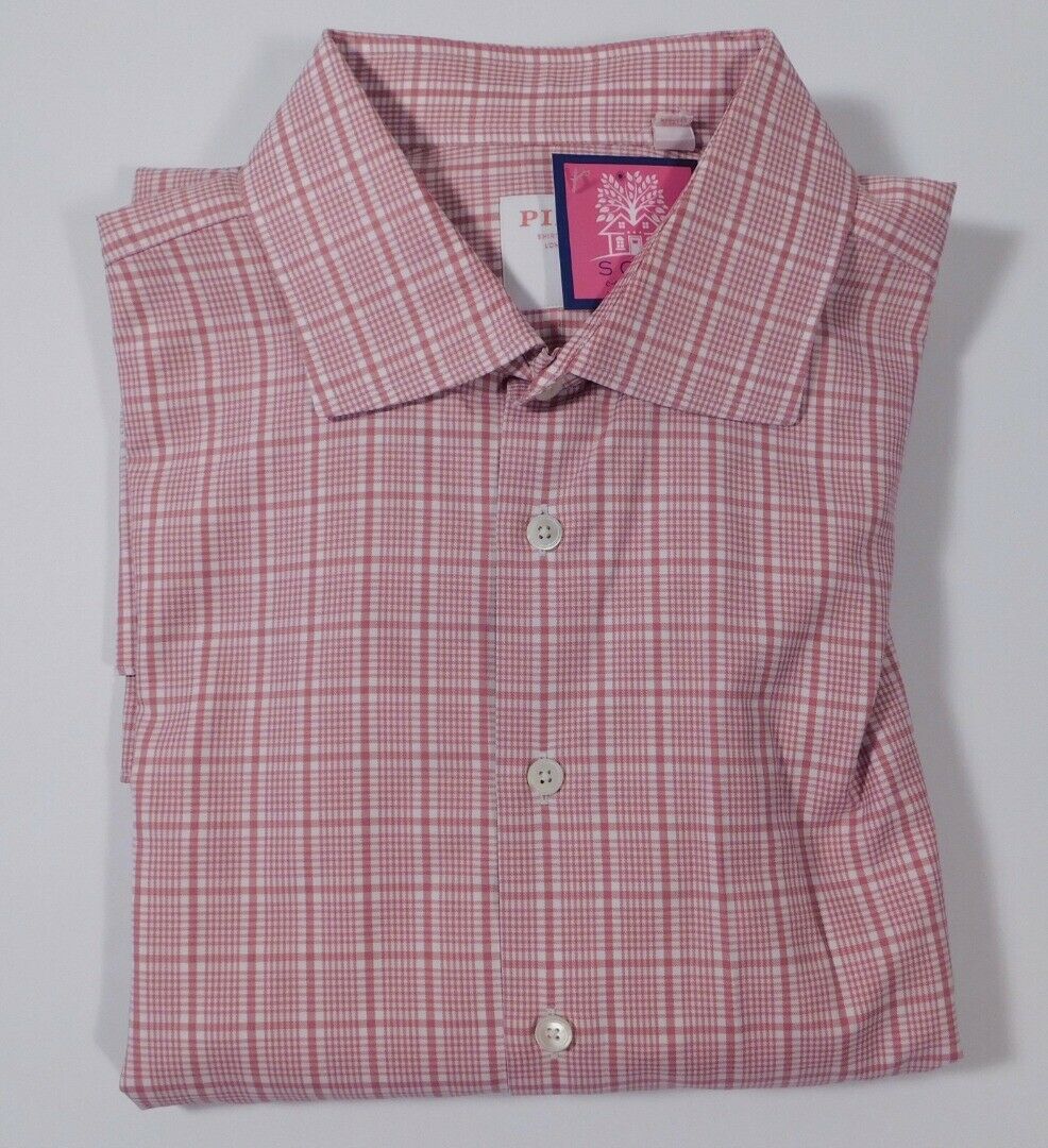 PINK by THOMAS PINK Men's Pink & White Plaid Cotton Dress Shirt Sz 17 1/2 - 44
