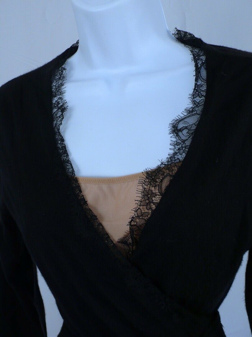 RALPH LAUREN BLACK LABEL Black Cashmere Silk Lace Trim Wrap Sweater Sz M - Image 5