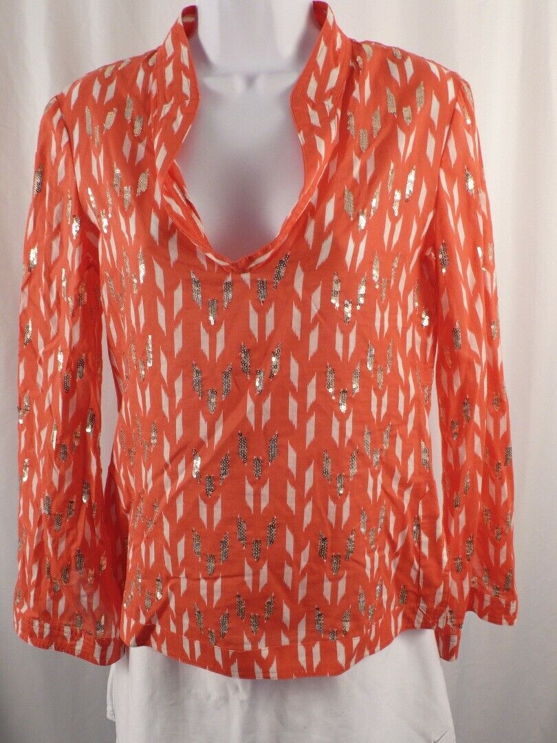 TORY BURCH Coral White Print W Sequins V-Neck Cotton Tunic Sz 4 - Image 3