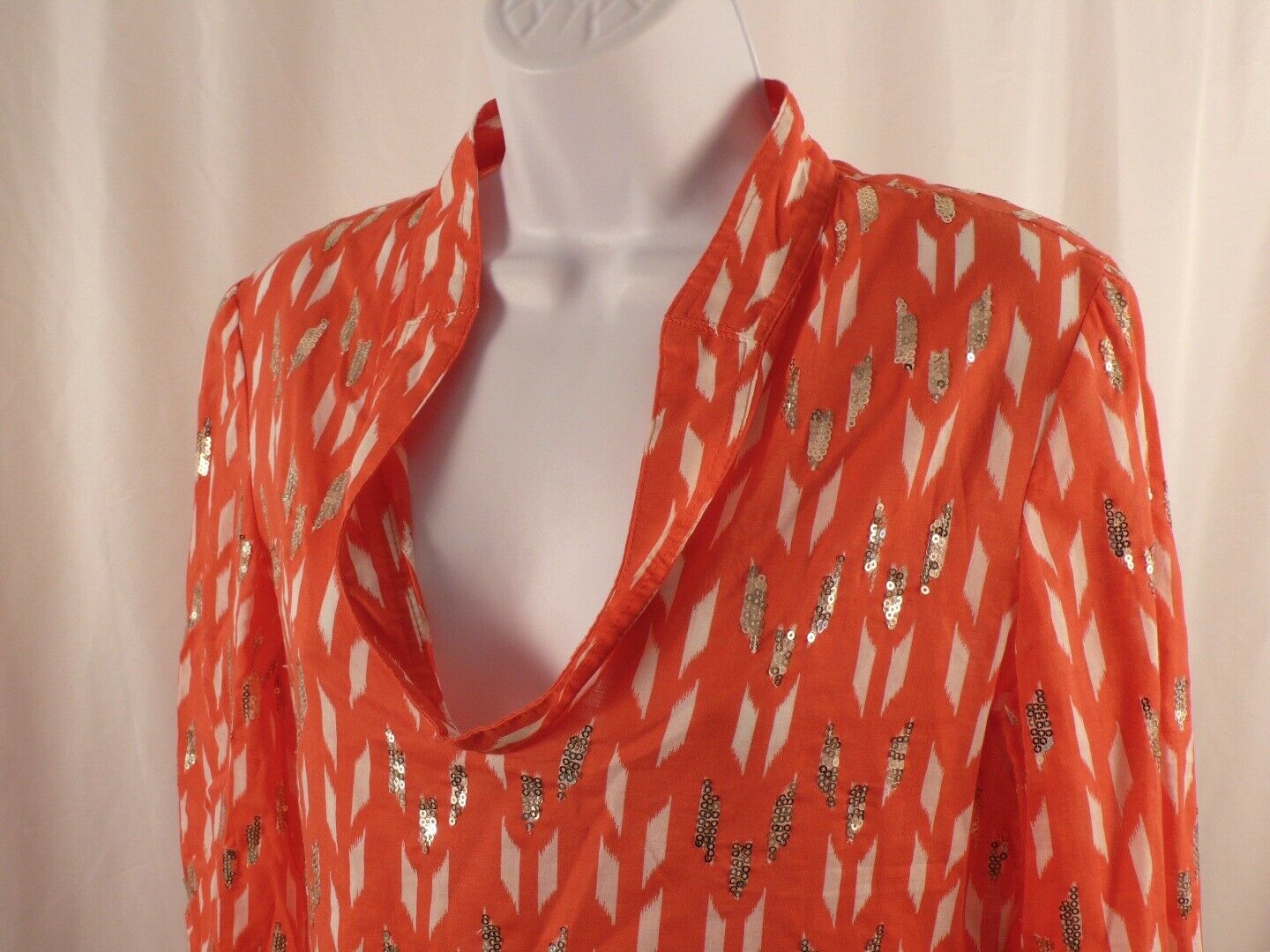 TORY BURCH Coral White Print W Sequins V-Neck Cotton Tunic Sz 4 - Image 4