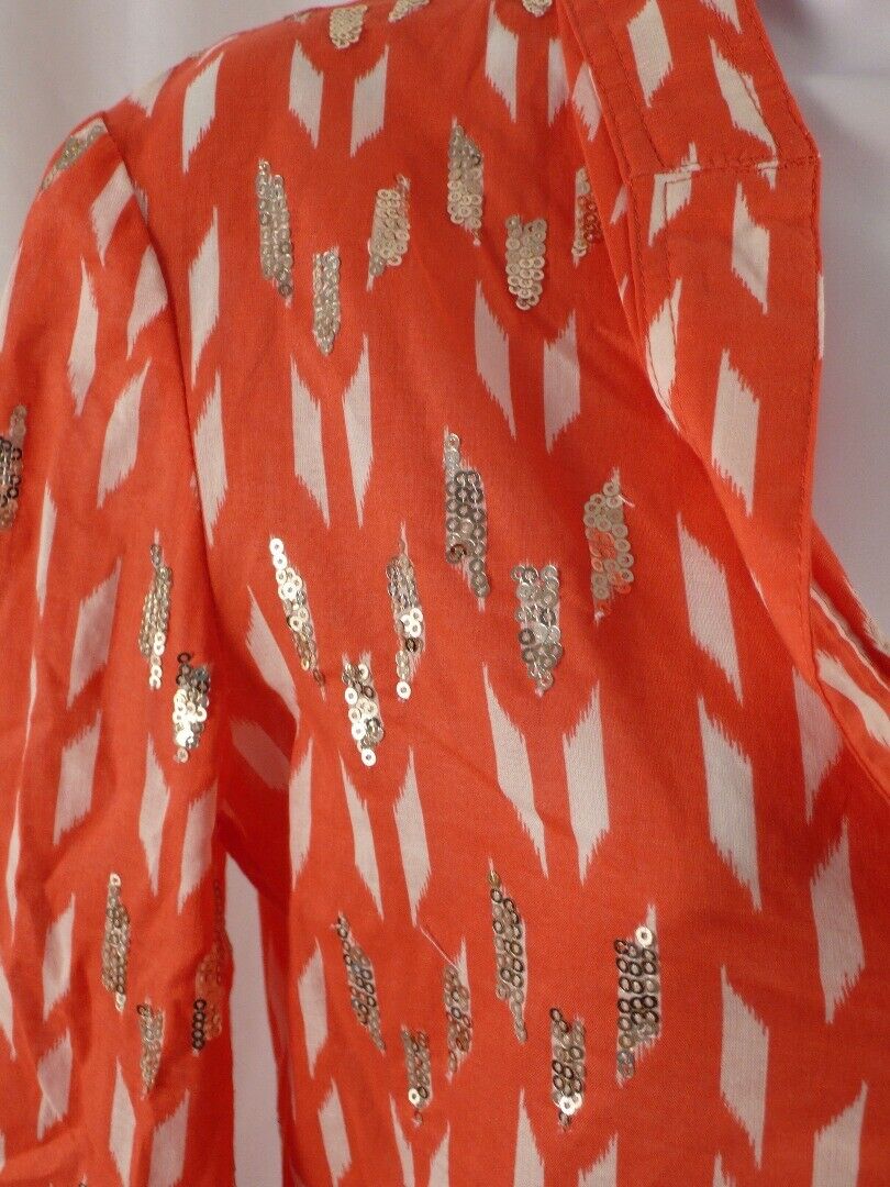 TORY BURCH Coral White Print W Sequins V-Neck Cotton Tunic Sz 4 - Image 5