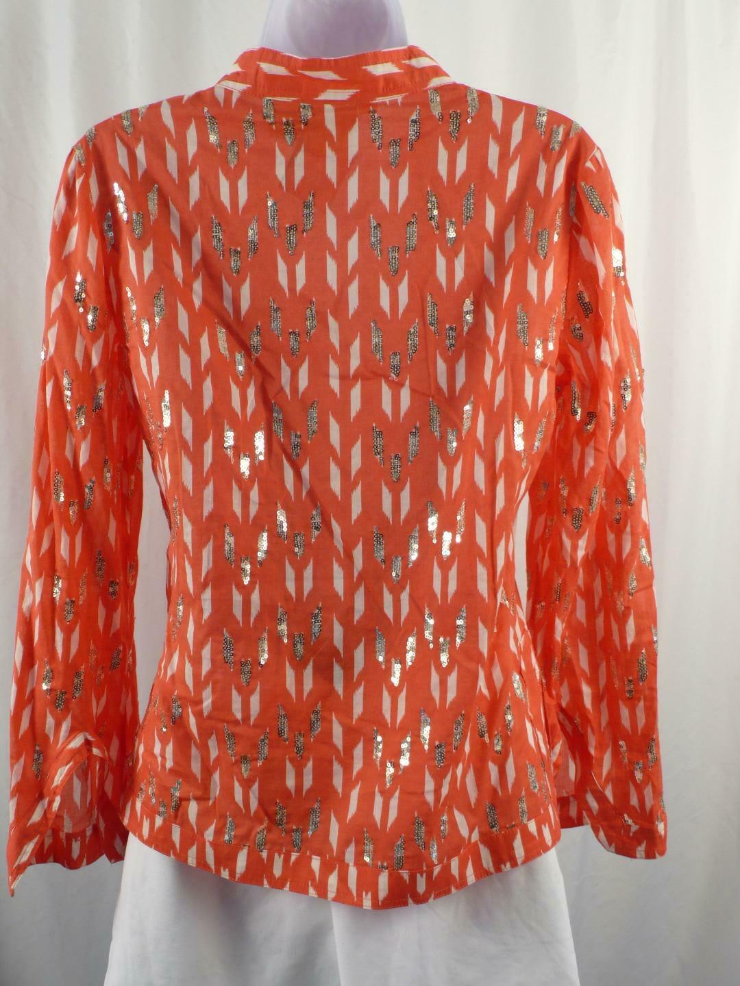 TORY BURCH Coral White Print W Sequins V-Neck Cotton Tunic Sz 4 - Image 6