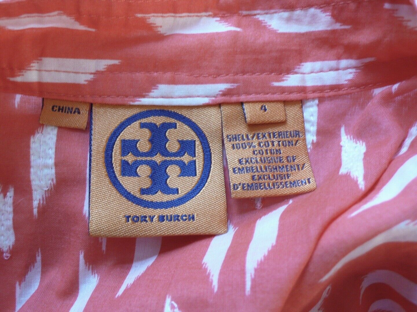 TORY BURCH Coral White Print W Sequins V-Neck Cotton Tunic Sz 4 - Image 7