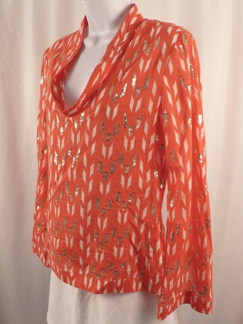 TORY BURCH Coral White Print W Sequins V-Neck Cotton Tunic Sz 4