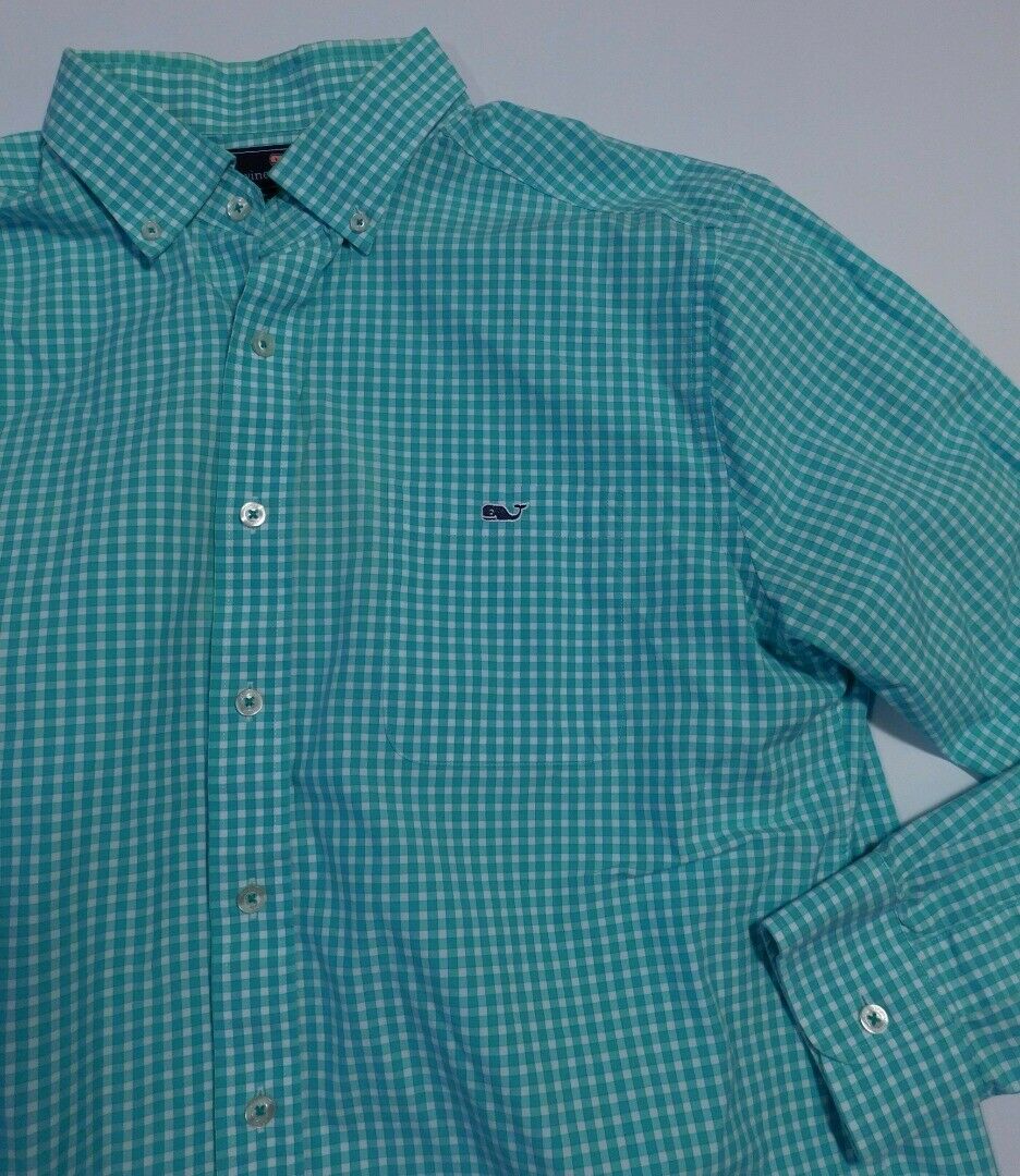 VINEYARD VINES Men's Green & White Check Button Down Classic Tucker Shirt Sz L - Image 3