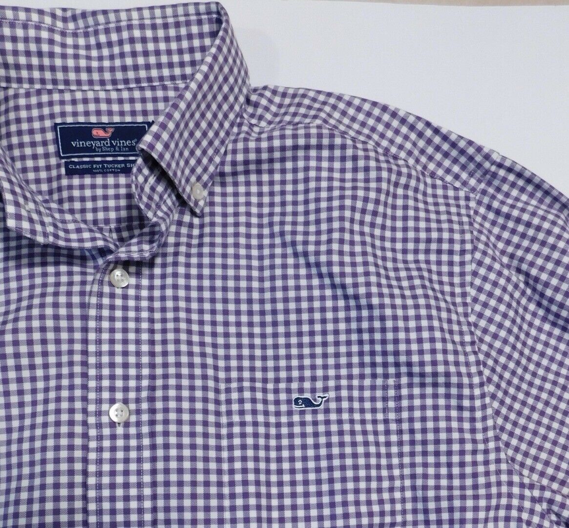 VINEYARD VINES Men's Purple & White Check Button Down Cotton Murray Shirt Sz L - Image 3