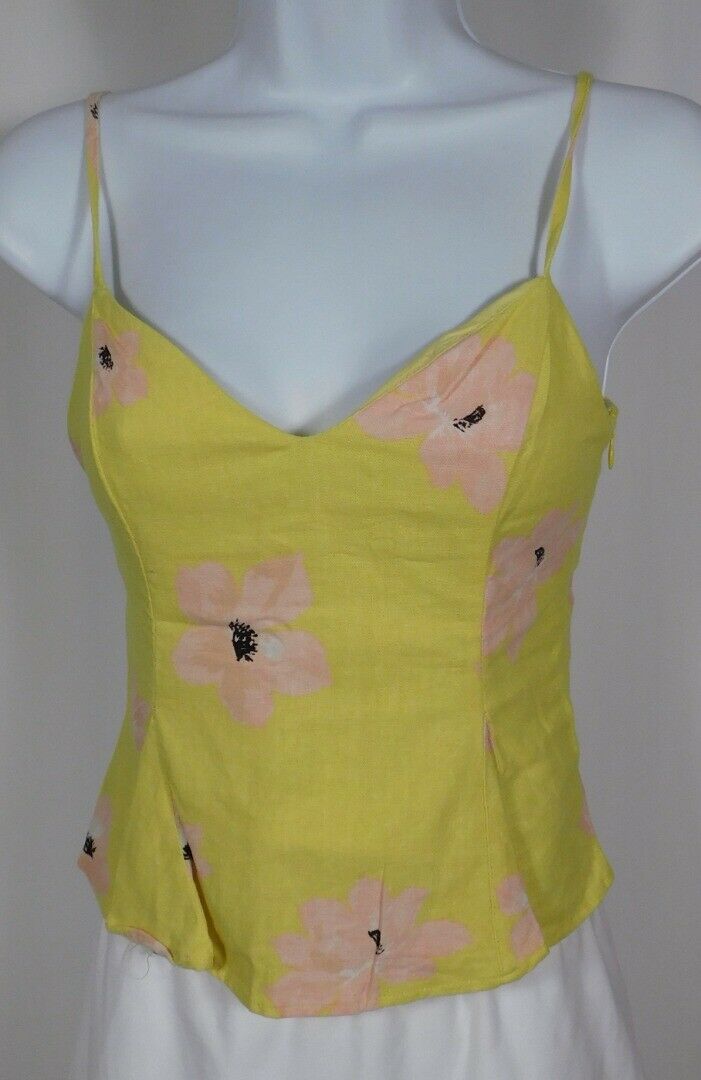 ZARA Women's Bright Yellow Floral Sleeveless Linen Blend Cropped Blouse Sz XS - Image 3