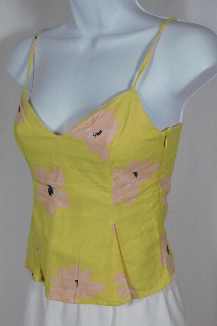 ZARA Women's Bright Yellow Floral Sleeveless Linen Blend Cropped Blouse Sz XS