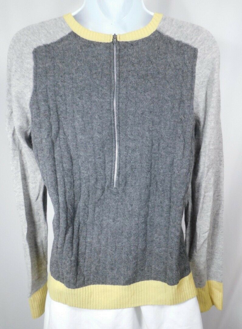 AUTUMN CASHMERE Gray Cabled Yellow Trim Scoop Neck Cashmere Sweater Sz L - Image 7
