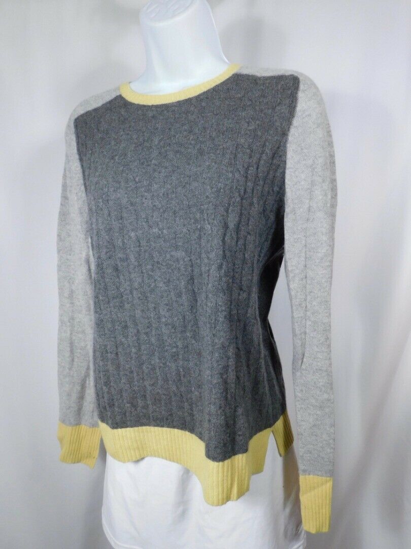 AUTUMN CASHMERE Gray Cabled Yellow Trim Scoop Neck Cashmere Sweater Sz L