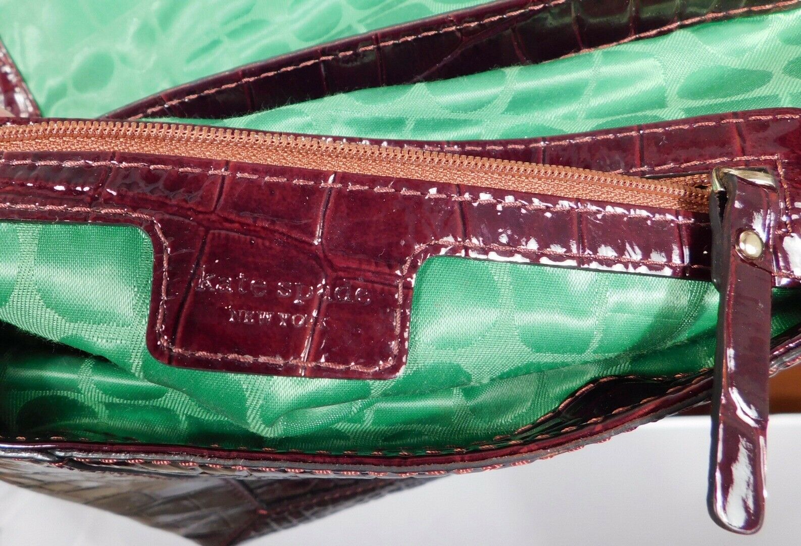 Authentic Kate Spade Burgundy Embossed Crocodile Patent Leather Handbag - Image 8