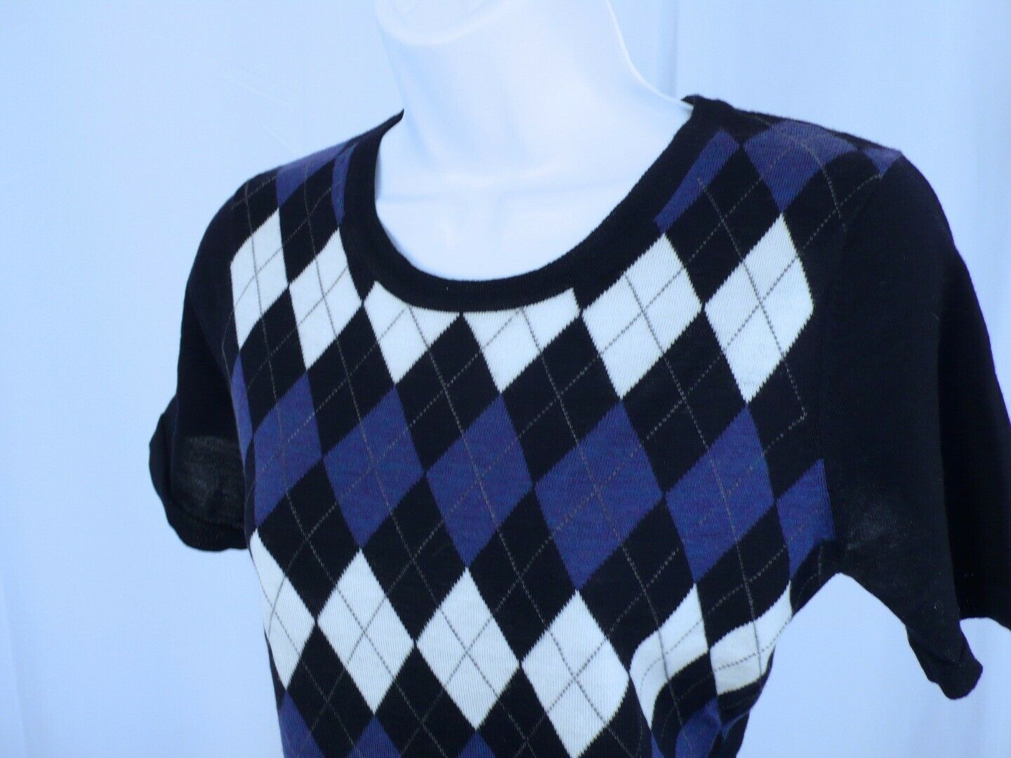BROOKS BROTHERS Women Navy Blue, Blue & White Argyle SS Wool Sweater Sz M - Image 3