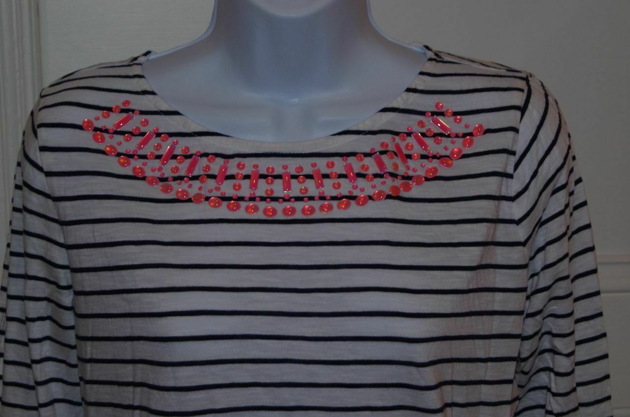 GAP Women's Navy Blue Ivory Striped Long Sleeve T-Shirt Pink Jewels at Neck Sz M - Image 3