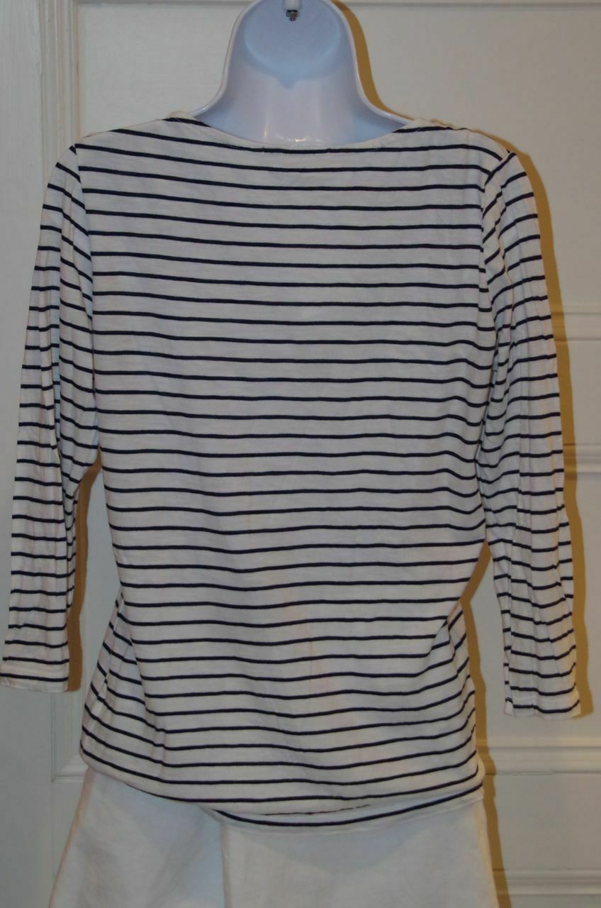 GAP Women's Navy Blue Ivory Striped Long Sleeve T-Shirt Pink Jewels at Neck Sz M - Image 5