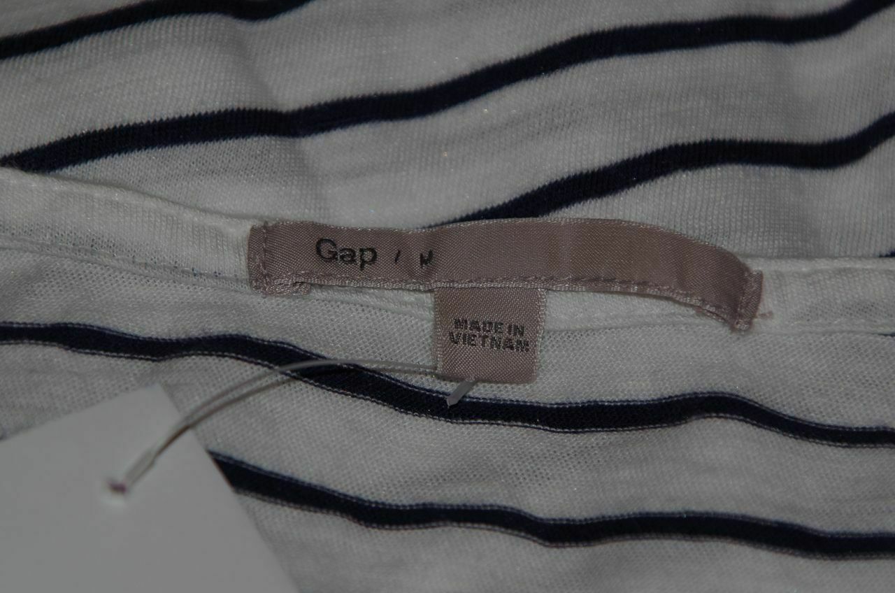 GAP Women's Navy Blue Ivory Striped Long Sleeve T-Shirt Pink Jewels at Neck Sz M - Image 6