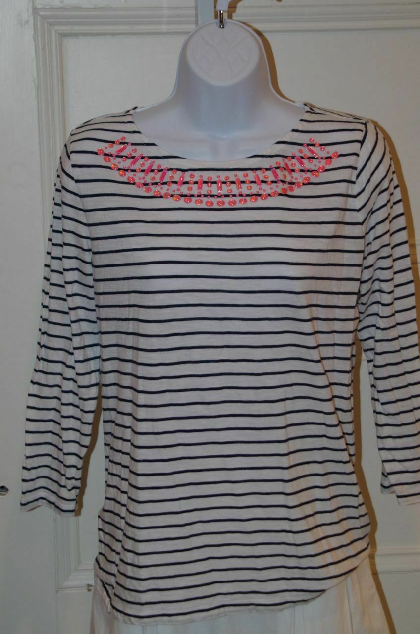 GAP Women's Navy Blue Ivory Striped Long Sleeve T-Shirt Pink Jewels at Neck Sz M