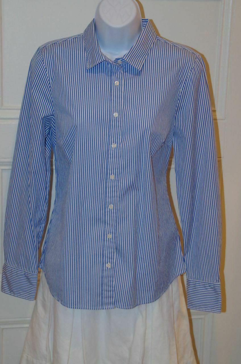 J CREW HABERDASHERY Women's Blue White Stripe Cotton Stretch Btn Frnt Shirt Sz S