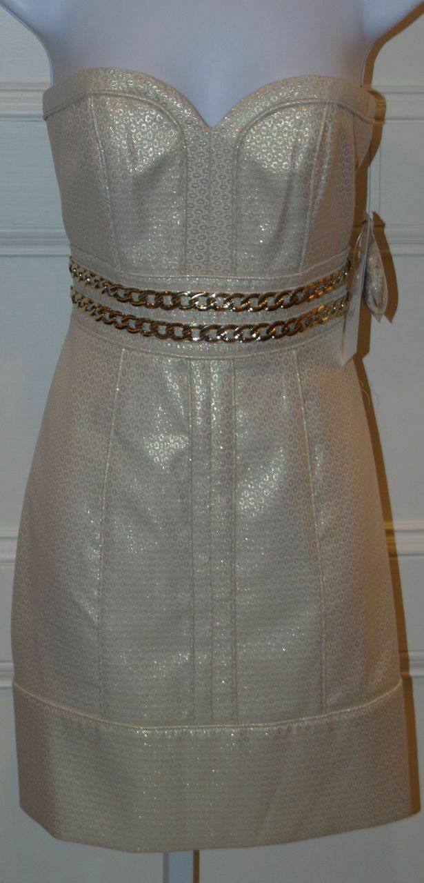 LAUNDRY BY SHELLI SEGAL NWT Gold Strapless Sweetheart Dress Gold Chain Sz 2