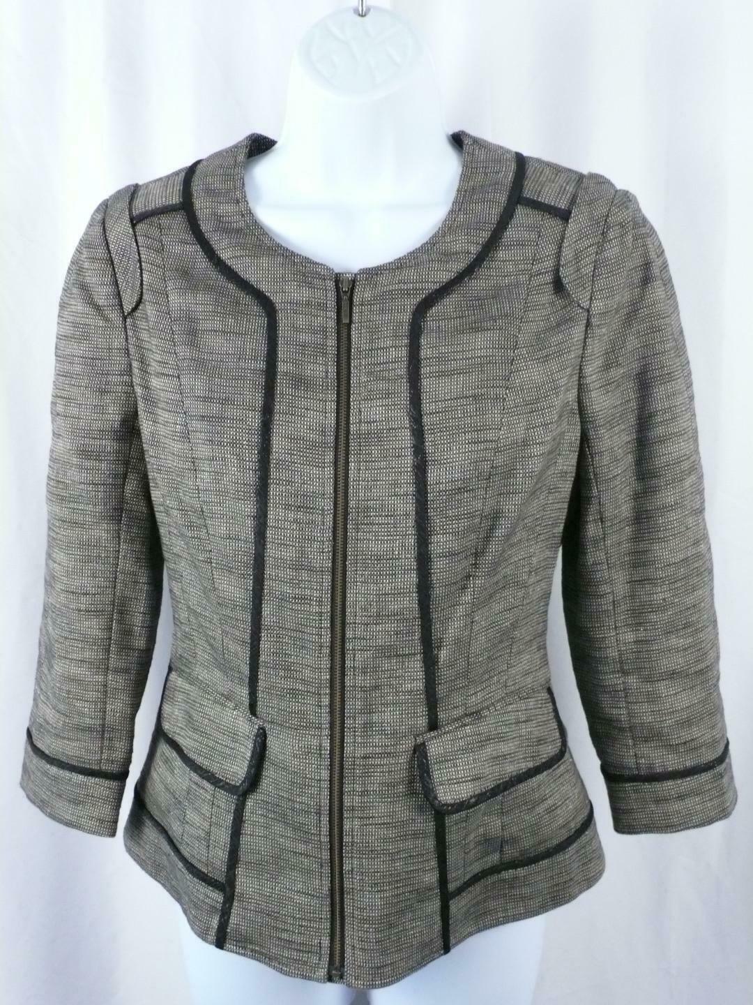 RACHEL ROY SIGNATURE Women's Black Brown Tweed Zip Front Ctn Linen Blazer Sz 4 - Image 3