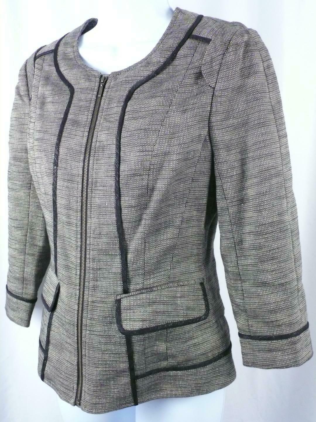 RACHEL ROY SIGNATURE Women's Black Brown Tweed Zip Front Ctn Linen Blazer Sz 4