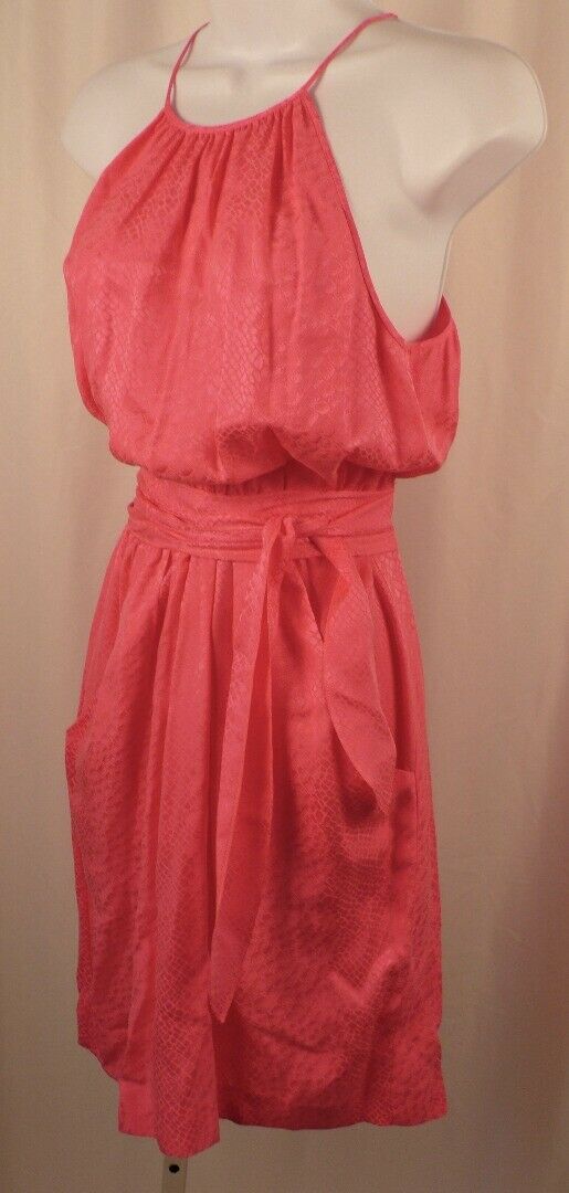 REBECCA TAYLOR Pink Embossed Silk Spaghetti Strap Elastic Waist Dress Sz 4