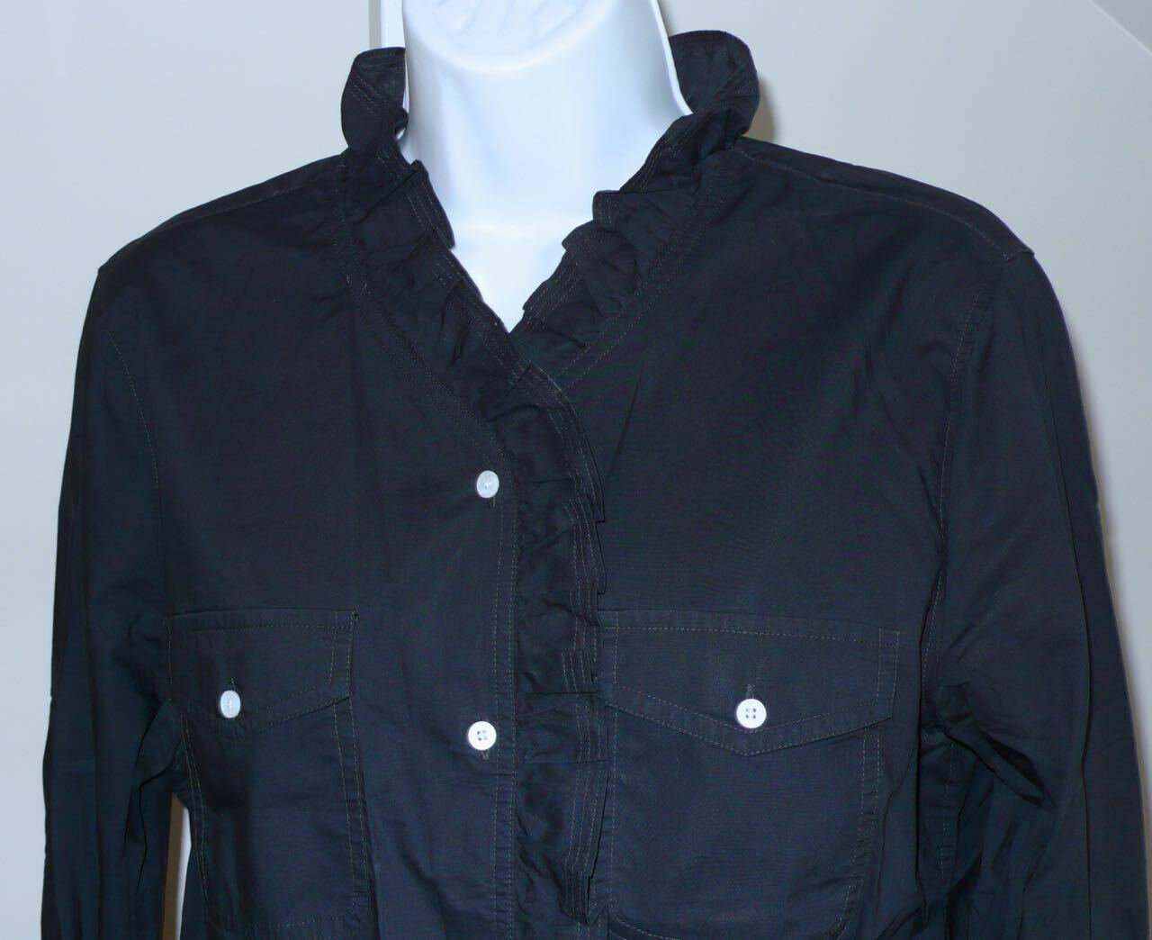 TALBOTS Navy Cotton V-Neck Ruffle Trim Button Front Long Sleeve Shirt Sz 12 - Image 2