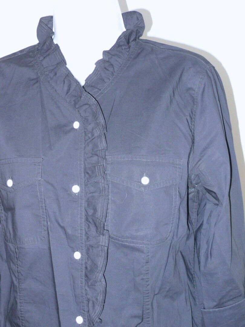 TALBOTS Navy Cotton V-Neck Ruffle Trim Button Front Long Sleeve Shirt Sz 12 - Image 3