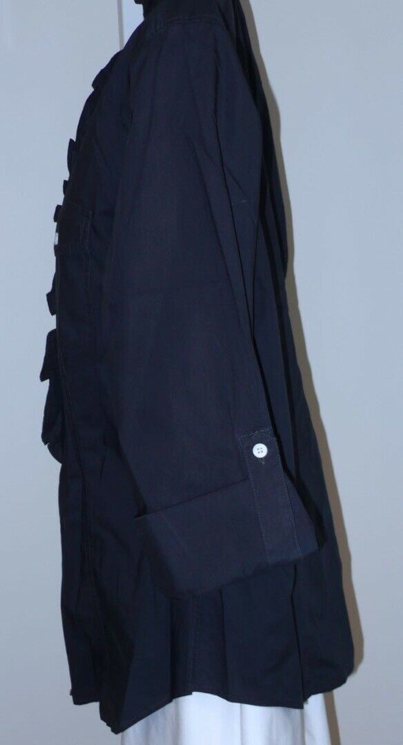 TALBOTS Navy Cotton V-Neck Ruffle Trim Button Front Long Sleeve Shirt Sz 12 - Image 4