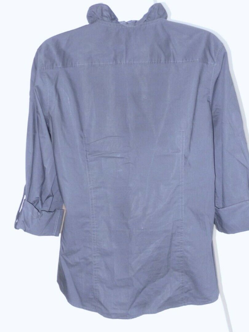 TALBOTS Navy Cotton V-Neck Ruffle Trim Button Front Long Sleeve Shirt Sz 12 - Image 6