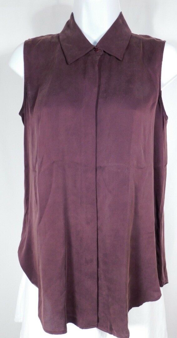 THEORY Women's Wine Silk Sleeveless Button Front Blouse Sz M - Image 3