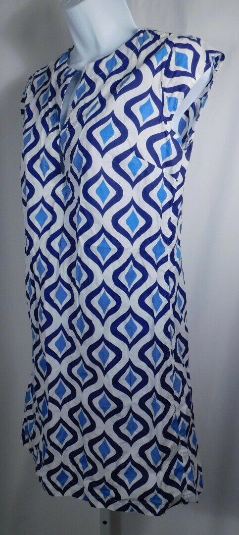 THREE ISLANDS Women's Blue & White Cap Sleeve V-Neck Cotton Shift Dress Sz XS