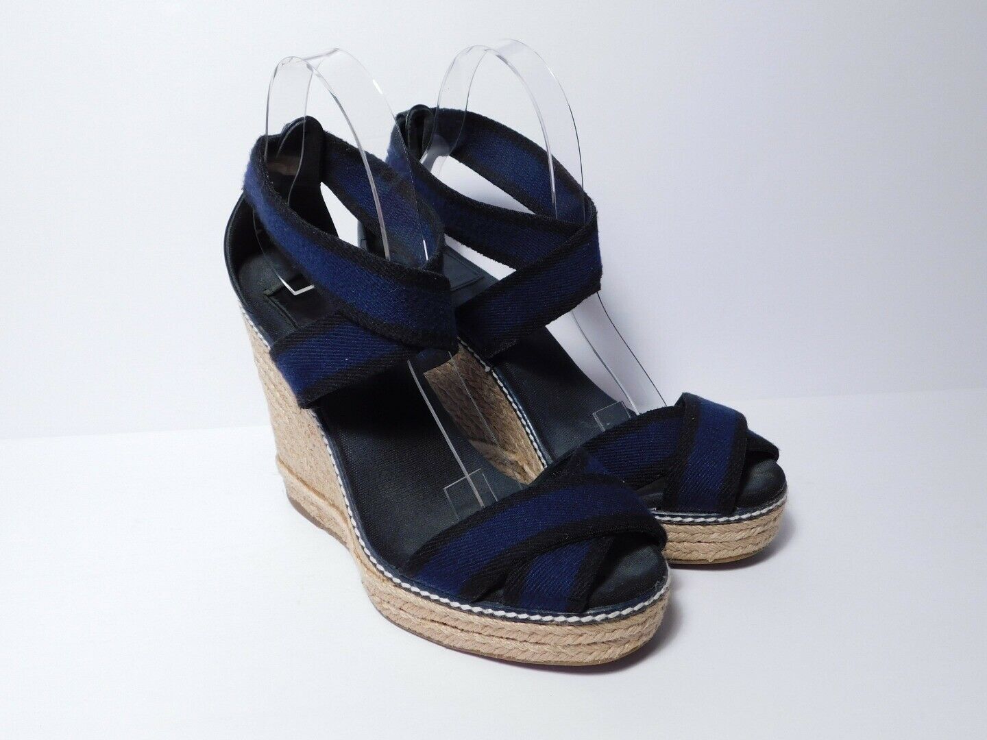 TORY BURCH Navy Blue & Black Open Toe Espadrille Sandal Platform Wedge Sz 8B - Image 3