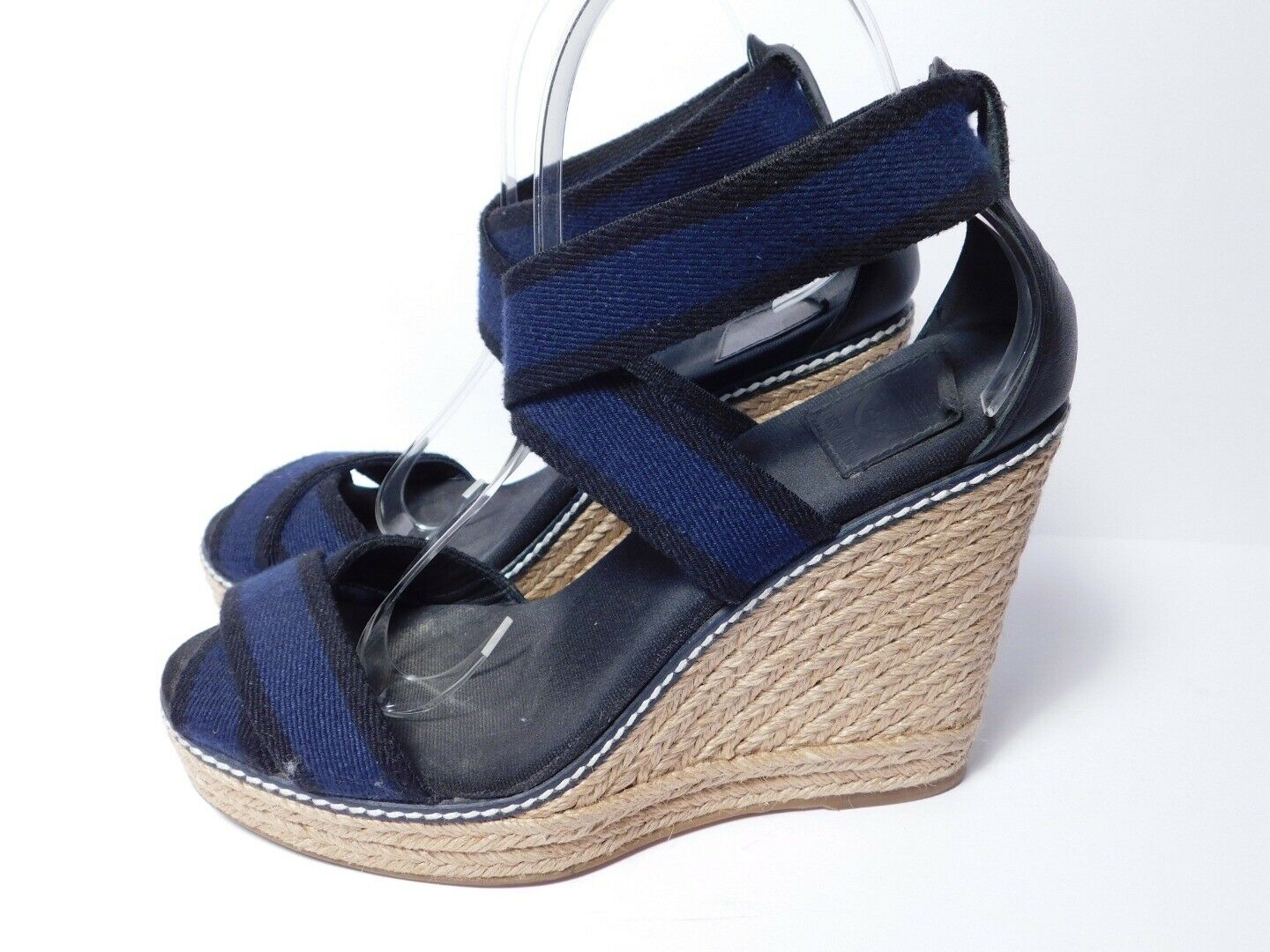 TORY BURCH Navy Blue & Black Open Toe Espadrille Sandal Platform Wedge Sz 8B - Image 5