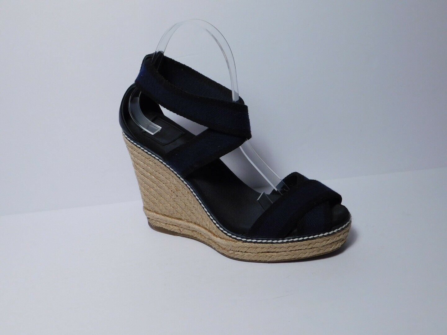 TORY BURCH Navy Blue & Black Open Toe Espadrille Sandal Platform Wedge Sz 8B